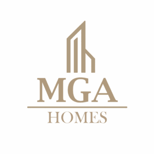 MGA Homes logo - luxury architectural development company logo with minimalist gold and beige design